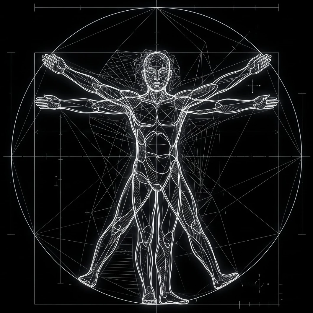 A Vitruvian Man drawn as a glowing technical line diagram inside a circle and square, with construction lines radiating from the figure